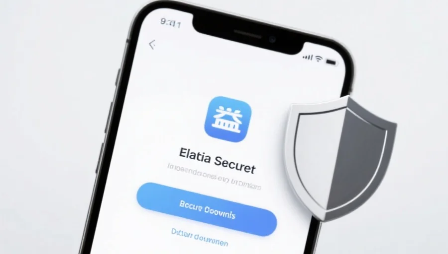 一部现代智能手机屏幕上显示长征应用的安全下载界面，旁边有安全盾牌图标，背景简洁