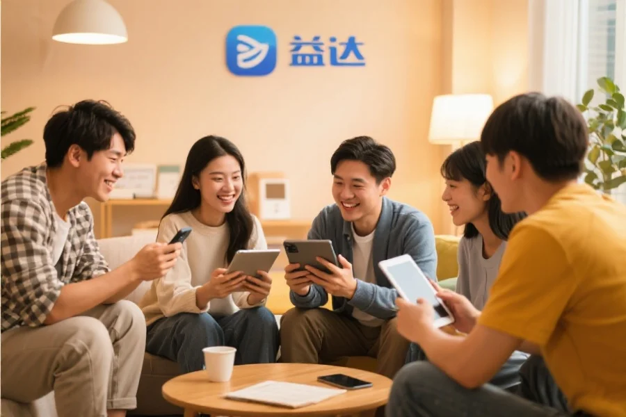 一群年轻用户围坐在一起，使用平板和手机愉快地交流，背景温馨现代，象征长征应用的社区活跃氛围